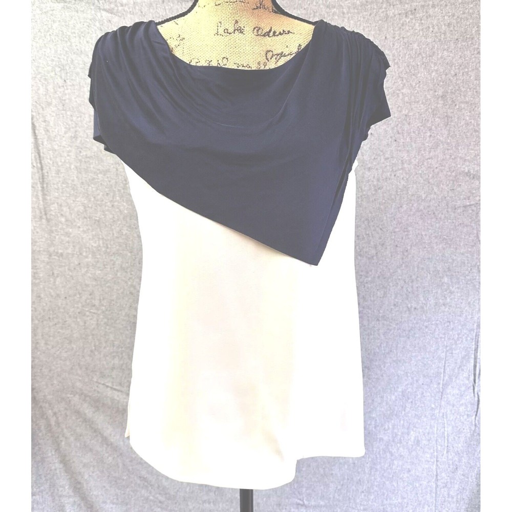 YEOHLEE Women’s Blouse SZ 8 White With Navy Asymmetrical Overlay Collar Back Zip